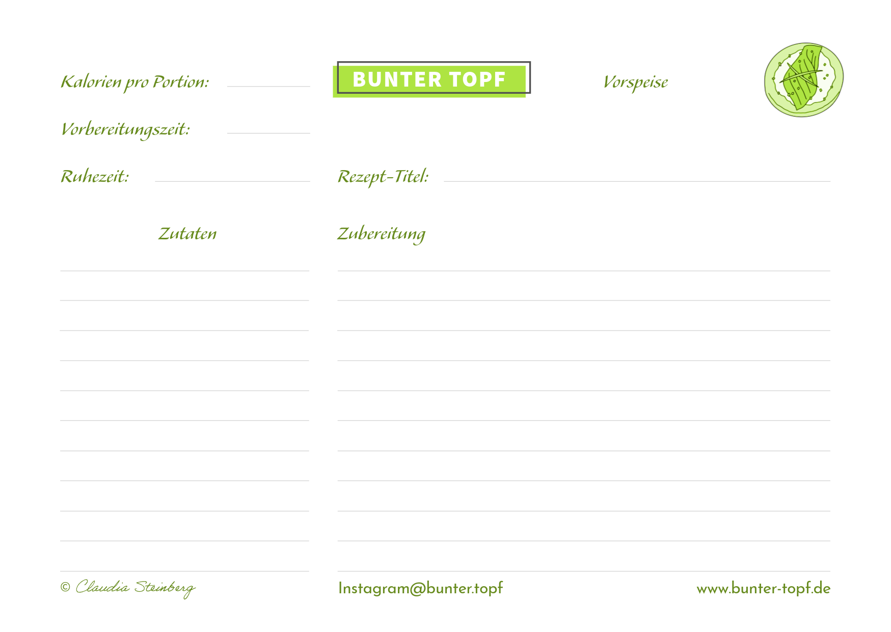 Rezeptkarte gr&uuml;n blanko Vorspeise