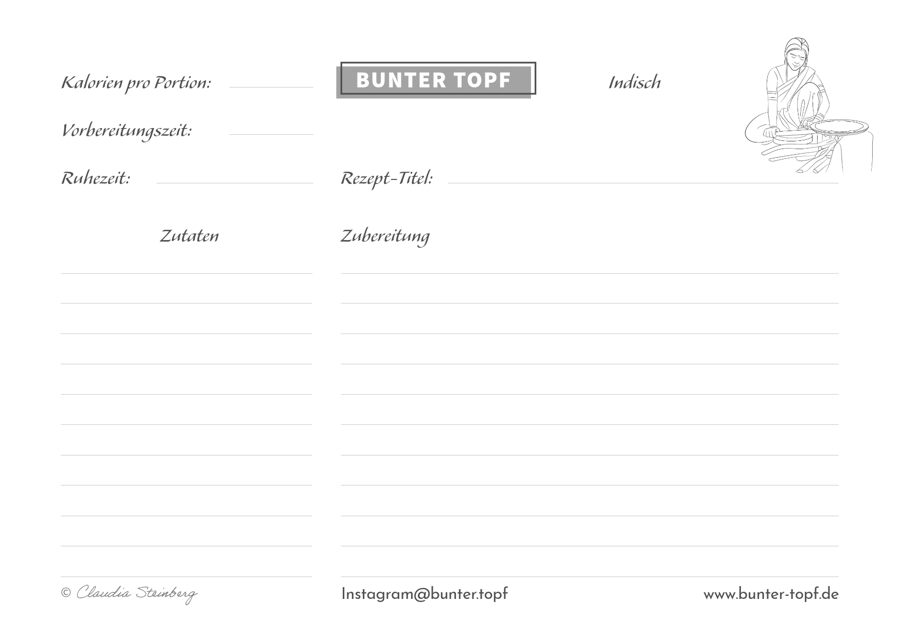 Rezeptkarte schwarz/wei&szlig; blanko Indisch